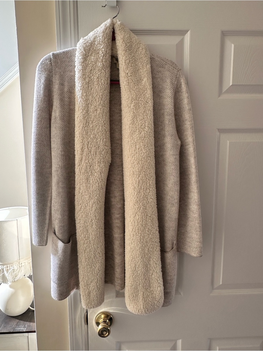 Style & Co. Cream Open-Front Sherpa-Trim Cardigan